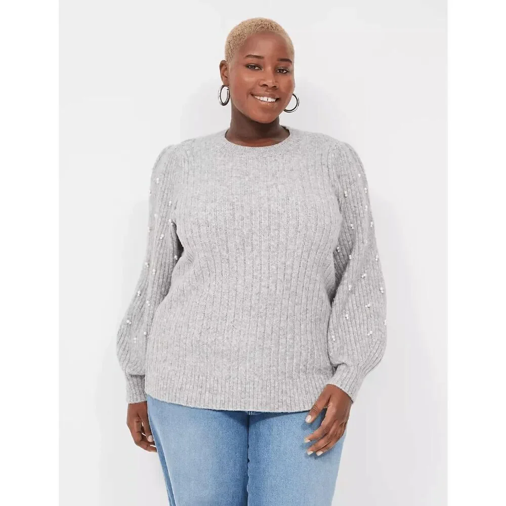 Lane Bryant Light Gray Ribbed Pearl Embellished-Sleeve Sweater 26/28 4X NWT